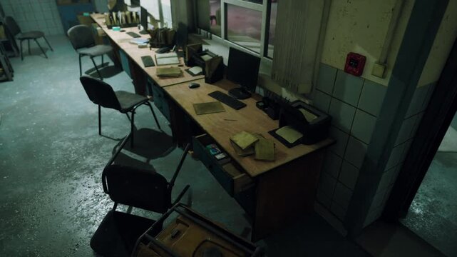 Empty office room with wooden desks, computers, chairs, and work equipment during the day