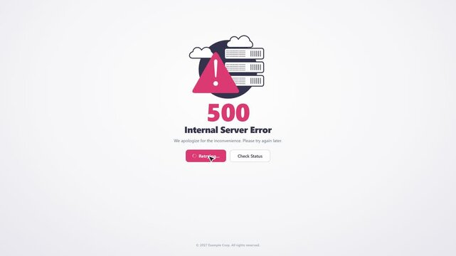 Animated 500 internal server error page with retry button interaction. 4K Video