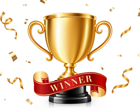 Golden trophy cup vector icon with red winner ribbon and confetti for award ceremony