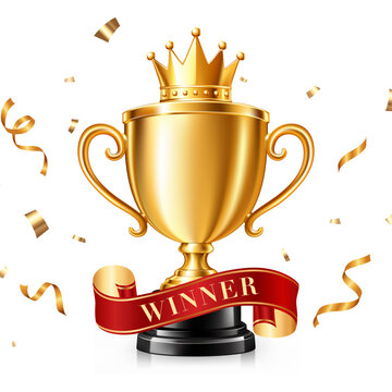 Golden trophy cup with crown red winner ribbon and confetti for royal ranking award
