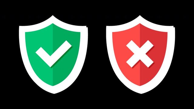 Green and red security shields with check marks and crosses lift and brighten in staggered sequence, high quality video footage for digital protection, verification, cybersecurity, and trusted access