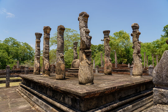 Row Of Weathered Stone Pillars at Dalada Maluva, Polonnaruwa, Sri Lanka