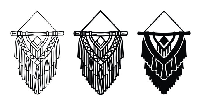 Macrame wall hanging set with boho fringe and geometric patterns for home decor