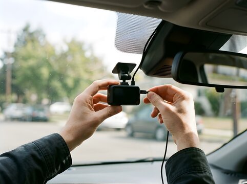 Dashcam installation on car windshield, driver mounting vehicle security camera device