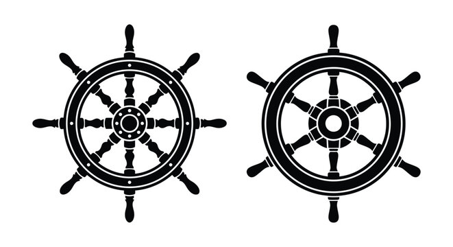 Two black ship wheel silhouettes display nautical steering mechanisms against a white background mechanism