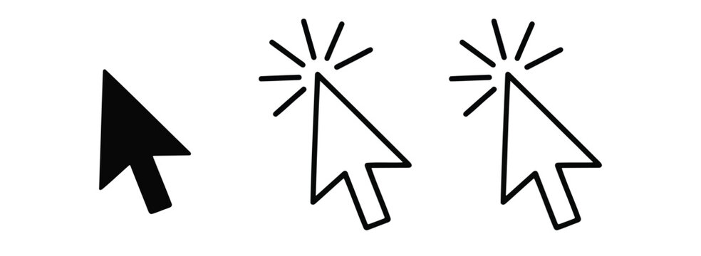 Cursor mouse click icon set featuring click arrow icons and computer mouse cursor symbols for web and application interface design.