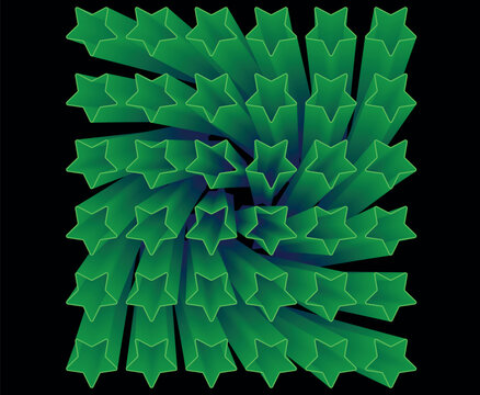 Abstract 3D green star tunnel pattern on black background for digital graphic design backdrop.