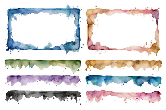 Collection of watercolor rectangular frames, isolated on transparent background