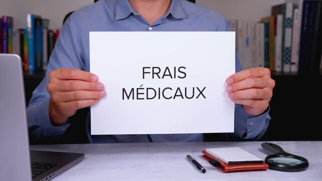 Une personne en chemise tenant une feuille de papier sur laquelle est &eacute;crit en gros les mots frais m&eacute;dicaux.