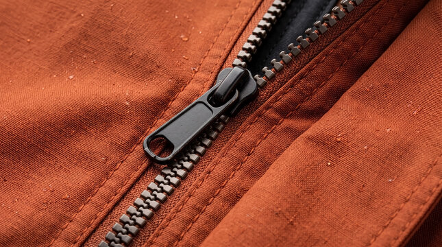 Close-up of zipper on orange jacket fabric showing detailed texture and craftsmanship. Fashion accessory features sleek design and robust materials that enhance durability.