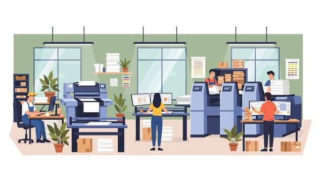 Modern Printing House Interior with professional staff operating large format industrial printers and digital workstations, ideal for industrial manufacturing articles and business workflow.