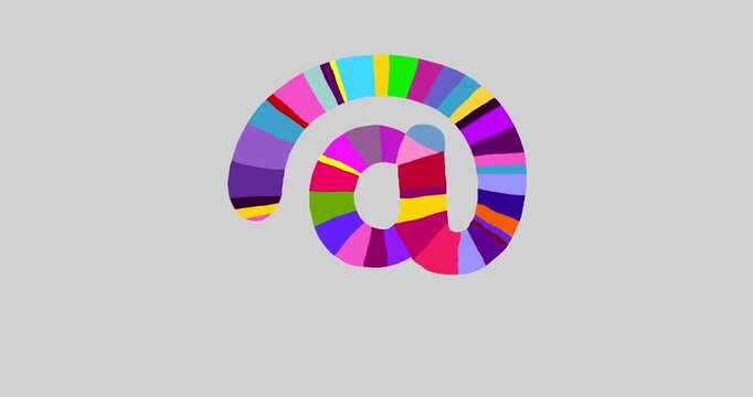 Monkey message mail symbol @ at forming cartoon color animation isolated. Compatibile part of color pattern patchwork stripes alphabet numbers serie. Hand drawn educational communication style.
