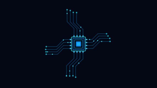 Abstract digital microprocessor chip with glowing circuit board lines on a dark background, representing technology, data processing, and artificial intelligence