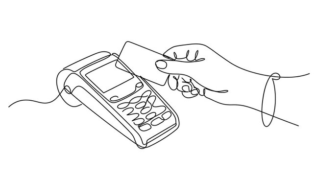 Continuous Line Drawing of Hand Paying with Credit Card on POS Terminal