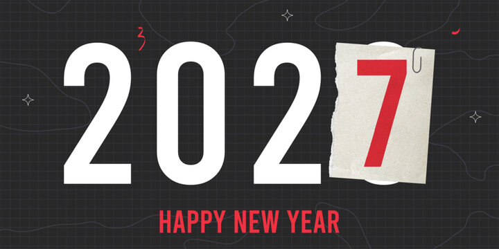 2027 New Year greeting banner with torn textured paper fragment with clip and numbers. Happy New Year festive poster or card design. Vector.