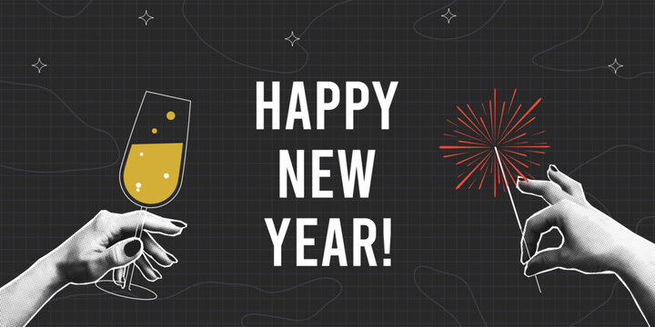 Happy New Year collage design with hands are holding champagne glass and sparkler. Halftone collage hands with goblet and sparkler. New Year greeting card, banner or poster design. Vector
