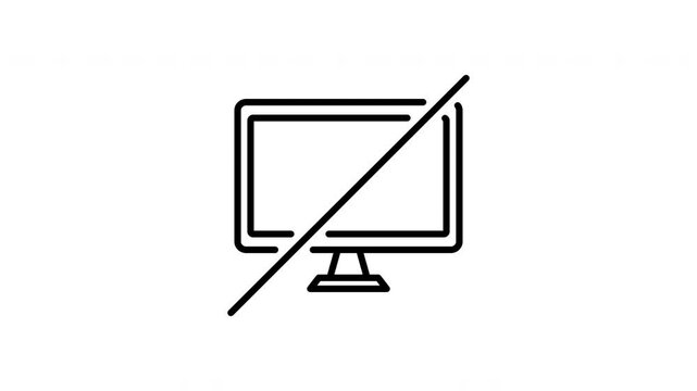 Black outlined computer monitor icon with a diagonal slash appears centered on a white background. Abstract backdrop shaped by fade in, no signal and display off.