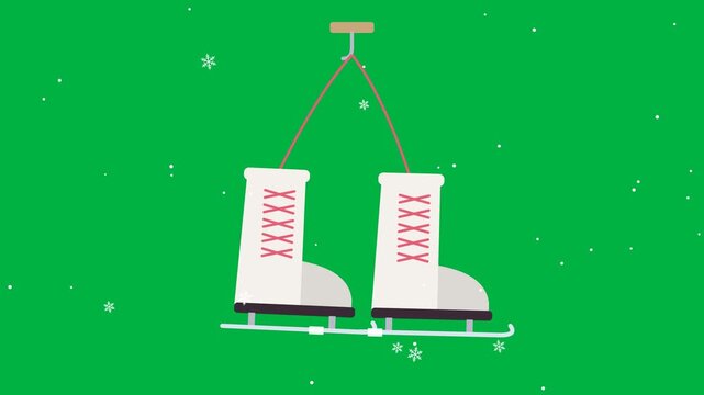 Hanging Ice Skates. Pair of ice skates hanging on a hook with shining blades, on green screen chroma key background, seamless loop