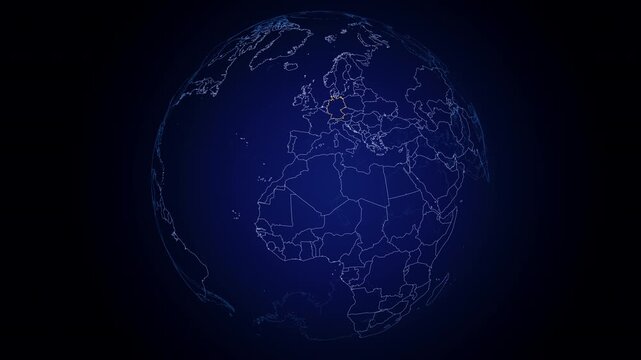 Outline of Germany highlighted in yellow on a futuristic digital globe with the other countries outlines in blue. Globe turning in a seamless loop. Gradient blue background.