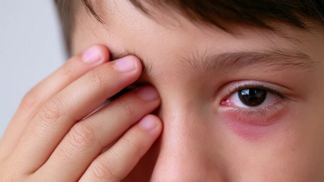 Close Up of Child Rubbing Swollen Eyes from Allergic Conjunctivitis