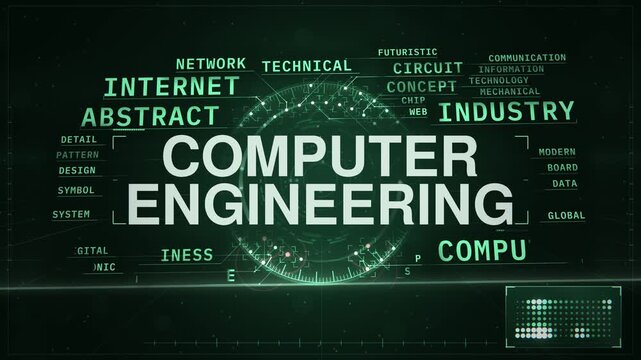 Computer engineering animated word cloud HUD, text design animation, seamless loop