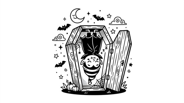 Cute little vampire sleeping upside down inside wooden coffin surrounded by playful spooky bats, smiling crescent moon, stars, small pumpkins, and delicate spider webs