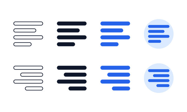 Text paragraph alignment icons in outline solid and blue styles for user interface design representing left and right justification for web editing software