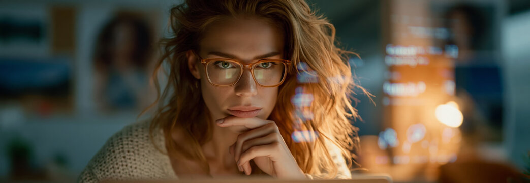 Thoughtful woman studying a screen with reflected digital lines