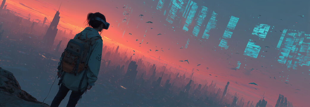 Headset wearing figure overlooking futuristic city with floating data