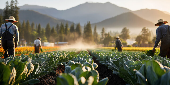 Farm workers among leafy vegetable rows beneath distant mountains