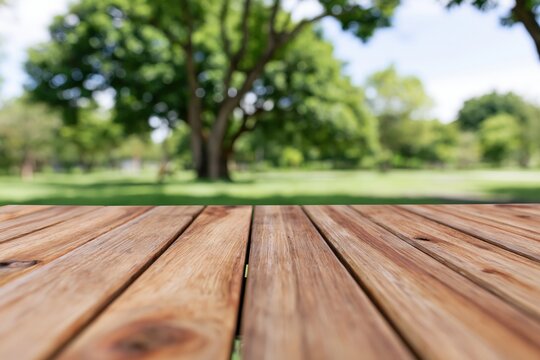 The Wooden Table in a Sunny Park Setting with Lush Green Trees