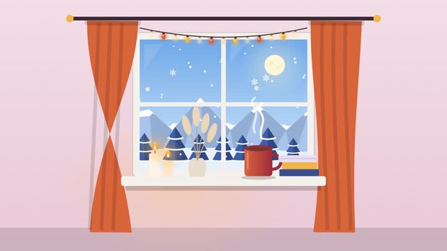 Hygge Window Snow Day. Hygge window with candles, hot cocoa, fairy lights and snowfall outside, winter animation, seamless loop