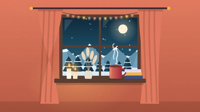 Hygge Window Teal Night. Hygge window with candles, hot cocoa, fairy lights and snowfall outside, winter animation, seamless loop