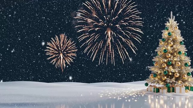 Festive Christmas Tree Covered in Golden Lights with Spectacular Fireworks Display Above Snowy Winter Landscape Holiday Celebration Background Video