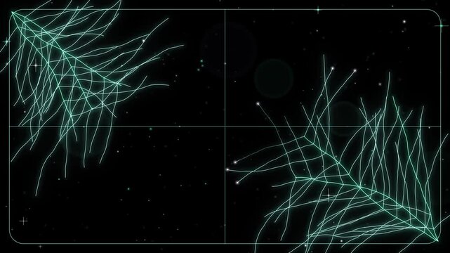 Seamless loop of glowing frost crystals growing and fading on a window pane, ice pattern spreading from the corners, aurora green and violet glow on black, winter background, 4K