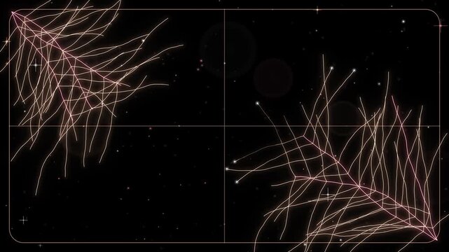 Seamless loop of glowing frost crystals growing and fading on a window pane, ice pattern spreading from the corners, sunset pink and peach glow on black, winter background, 4K