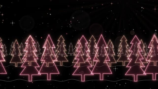 Seamless loop of glowing fir tree forest scrolling with parallax and heavy falling snow, line art, sunset pink and peach glow on black, winter landscape background, 4K