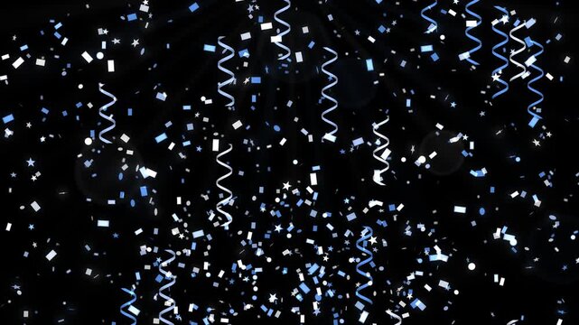 Seamless loop of glowing confetti, streamers and stars falling with a confetti burst from below, silver and blue glow on black, New Year party background, 4K