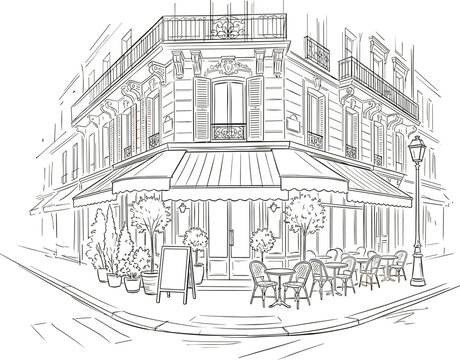 Vintage Parisian Style Street Corner Cafe Facade with Romantic Outdoor Bistro Tables Chairs and Awning Sketch Vector Illustration for European Travel Posters and Architectural Art Prints