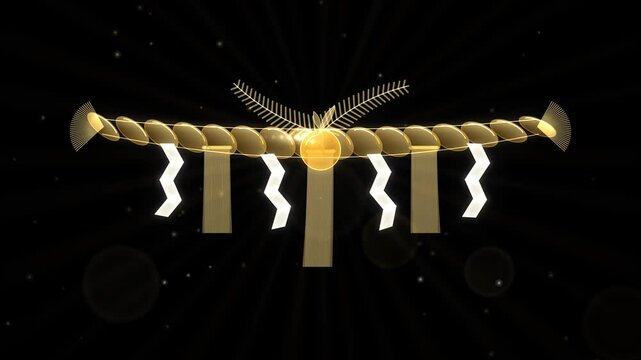 Seamless loop of a glowing shimenawa rope decoration with twisted straw, white zigzag paper streamers and a bitter orange, warm gold glow on black, Japanese New Year background, 4K