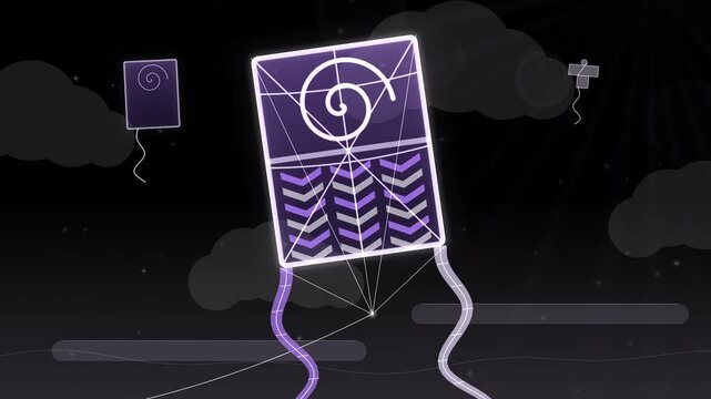 Seamless loop of a glowing Japanese kite with bamboo frame, bridle strings and two long tails flying in the sky, wisteria purple glow on black, Japanese New Year background, 4K