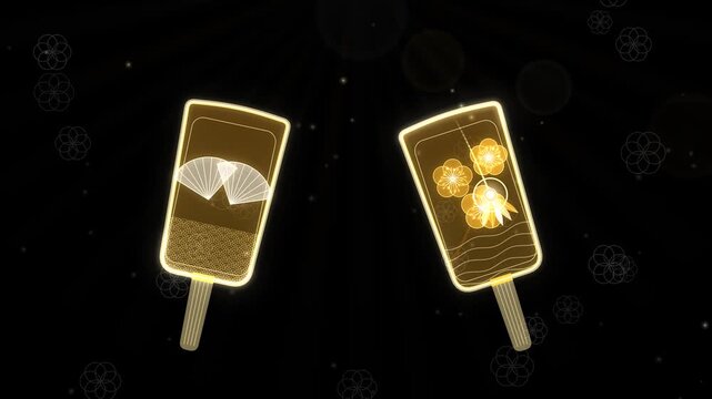 Seamless loop of two glowing hagoita paddles hitting a feathered shuttlecock back and forth, with plum pattern, golden yellow glow on black, Japanese New Year background, 4K