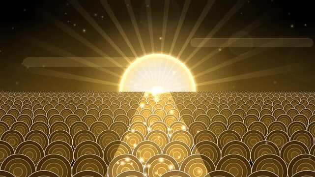 Seamless loop of a glowing rising sun over a seigaiha wave pattern sea with a path of light, golden yellow glow on black, Japanese New Year first sunrise background, 4K