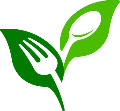 vegan vegetarian plant based food logo icon for and spoon in green leaves vector isolated on transparent background