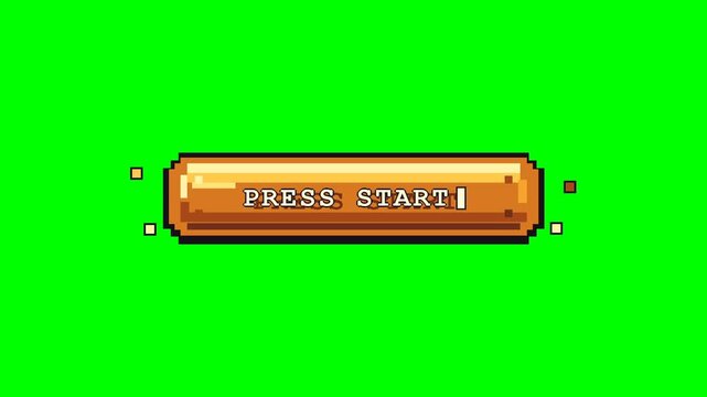 Retro pixel art video game start button animation on green screen