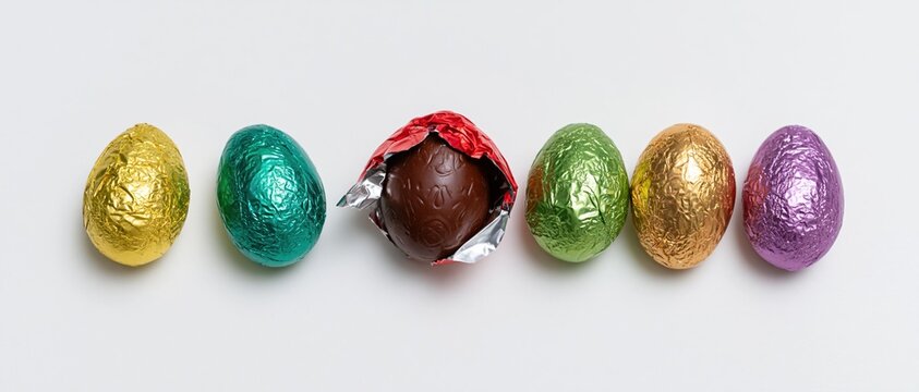 Six foil-wrapped chocolate easter eggs in a row on white background, one partially unwrapped to show chocolate surface