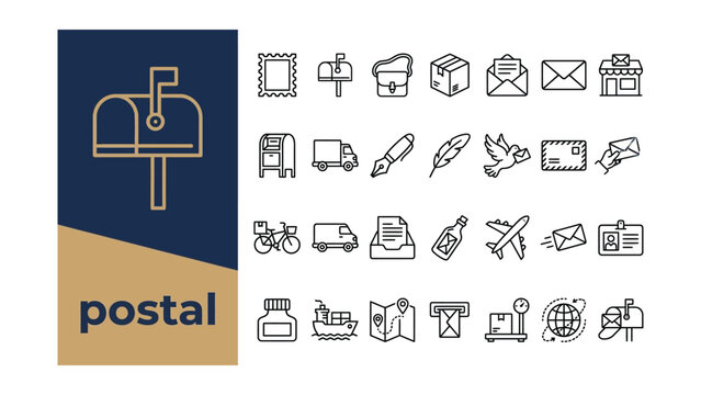 Postal service and delivery outline icon set. Featuring mailbox, envelope, postage stamp, parcel, and delivery van symbols. Vector icons for mail handling guides and shipping interfaces.