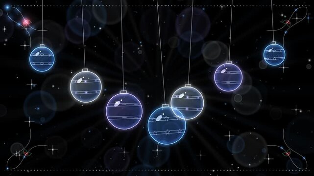 Seamless loop of glowing Christmas ornament baubles hanging on threads and gently swinging, falling snow, blue and silver glow on black, Christmas background, 4K