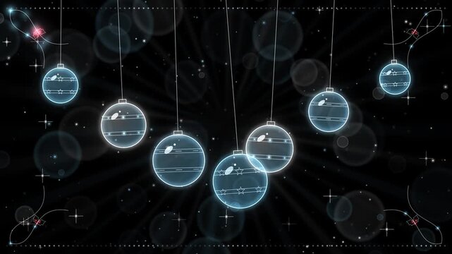 Seamless loop of glowing Christmas ornament baubles hanging on threads and gently swinging, falling snow, icy blue and white glow on black, Christmas background, 4K