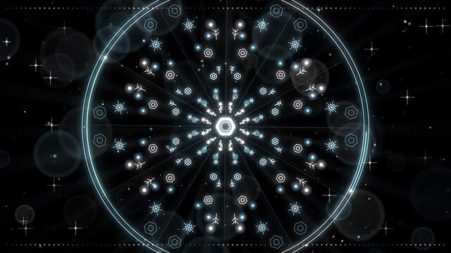 Seamless loop of a rotating snowflake kaleidoscope with symmetric ice crystals flowing outward, icy blue and white glow on black, Christmas background, 4K